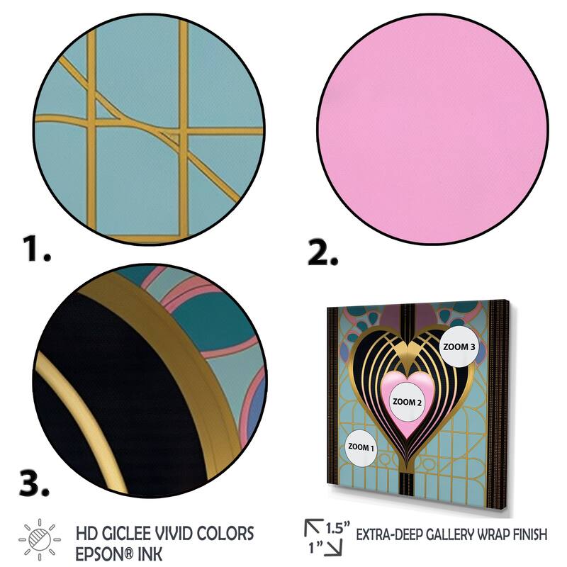 Designart "Pink And Gold Art Nouveau Heart" Romantic Abstract Framed